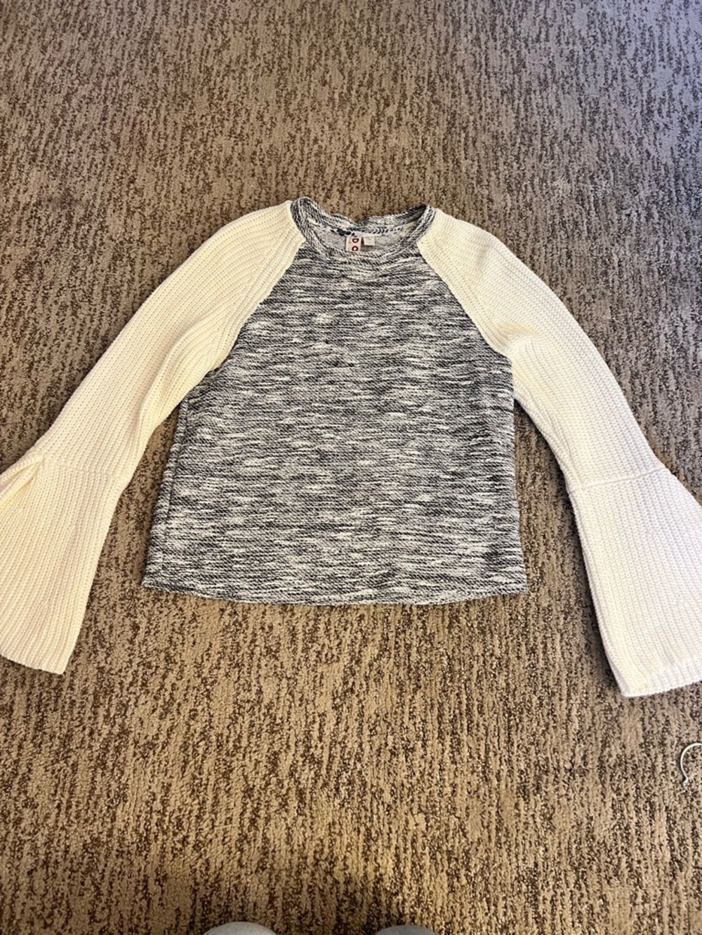 Anthropologie Mixed Gray Marled Sweater with Cream Bell Sleeves